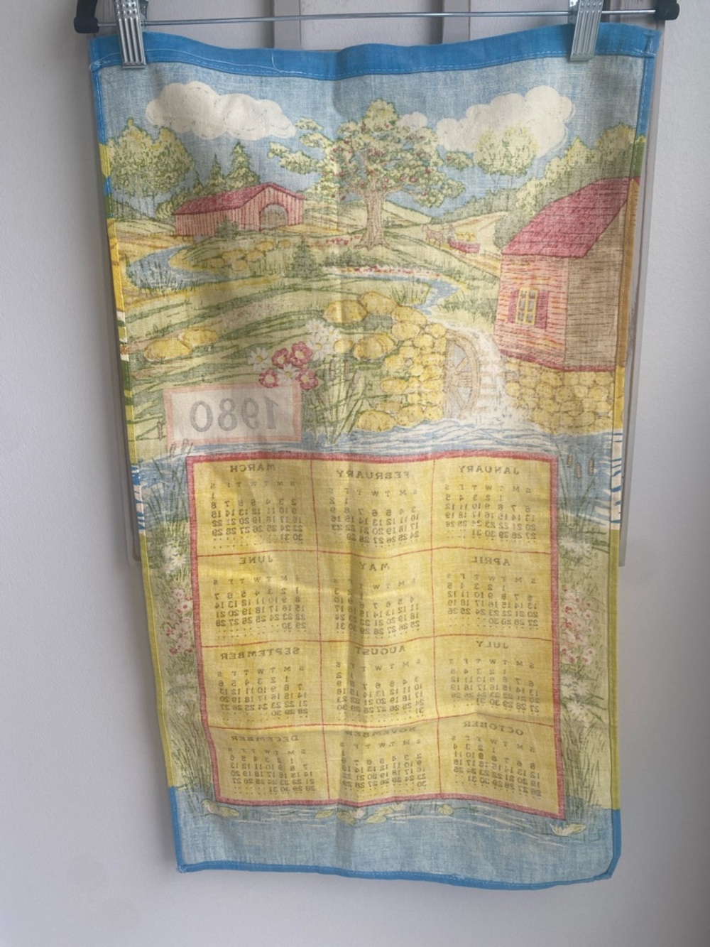 Vintage 1980 linen blend Calendar tea towel vibrant colors Country Scene - Picture 6 of 8